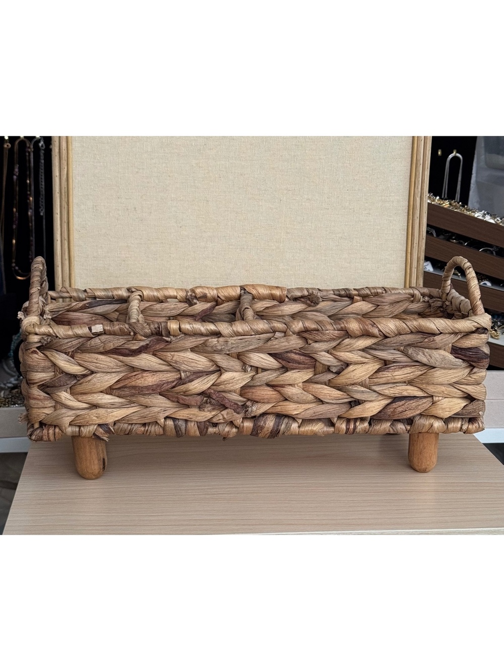 Woven Natural Fiber 3 Compartment Organizer Basket Caddy w/ Handles & Feet